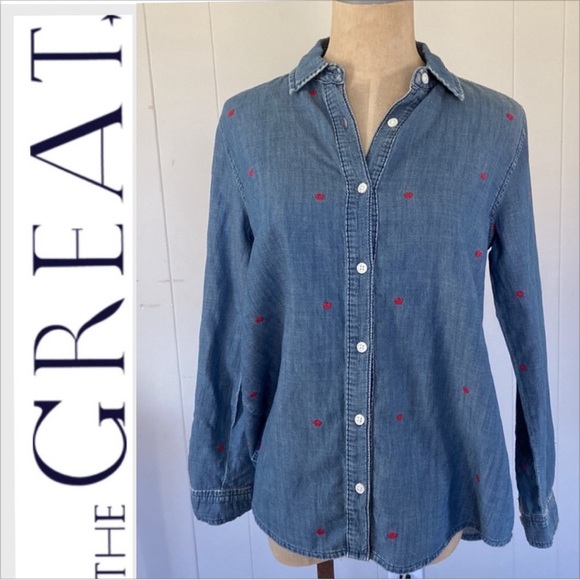 THE GREAT EMBROIDERED HEART BUTTON DOWN DENIM BLOUSE 2 - Picture 1 of 11
